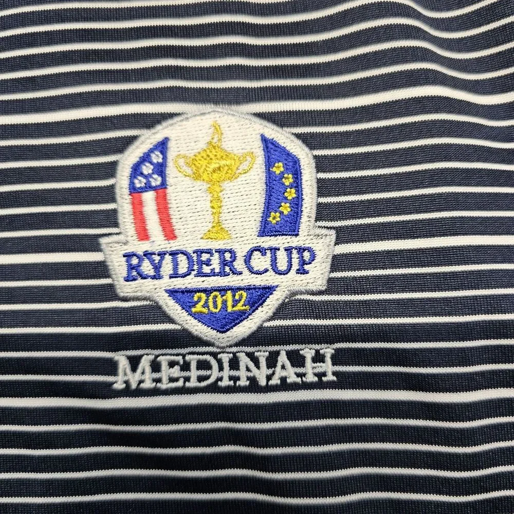 ADIDAS Ryder Cup Medinah‎ 2012 Men Blue Striped Short Sleeve Golf Polo Shirt XL